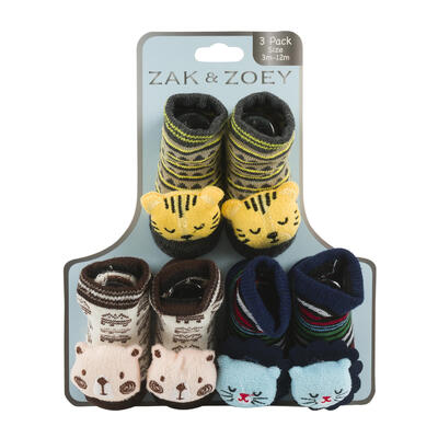 3pk Boys Booties Assorted 0-12Mths