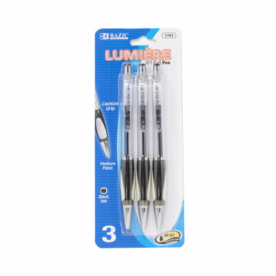 Bazic Lumiere Retractable Oil Gel Ink Pen Black 3ct