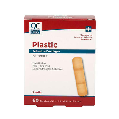 QC Plastic Adhesive Bandages All Purpose 3/4 X 3 Inches 60 ct