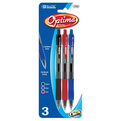 Bazic Optima Asst Color Oil Gel Ink Retract Pen 3pk