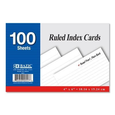 Bazic Ruled White Index Card 4x6 100ct