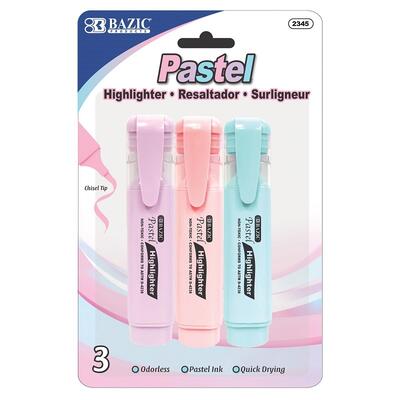 Bazic Pastel Highlighters With Pocket Clip 3 Pack