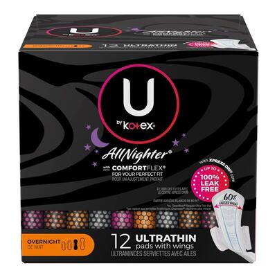 Kotex All Nighter Ultra Thin Pads With Wings Overnight 12 count