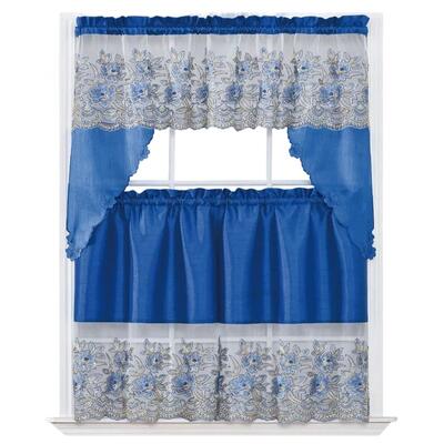 Navy Blue Kitchen Curtain Set With Swag Valance